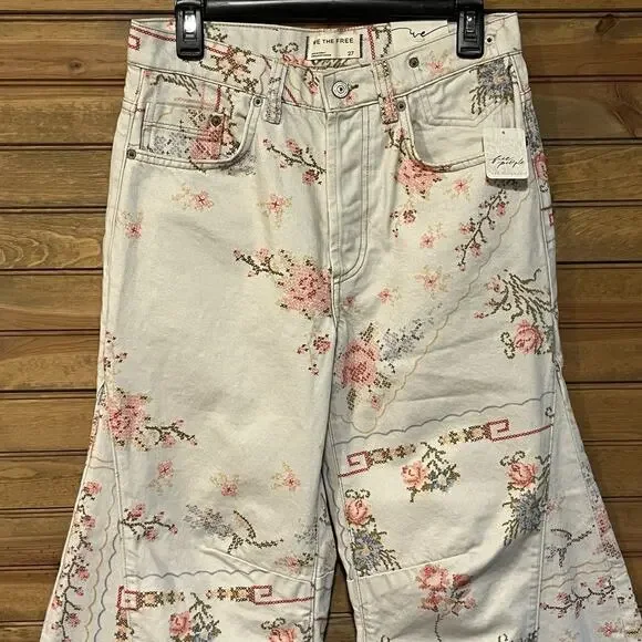 Free People We The Free Eden Slouch Jeans Cross Stitch Print Button Fly Size 27 - Picture 4 of 16